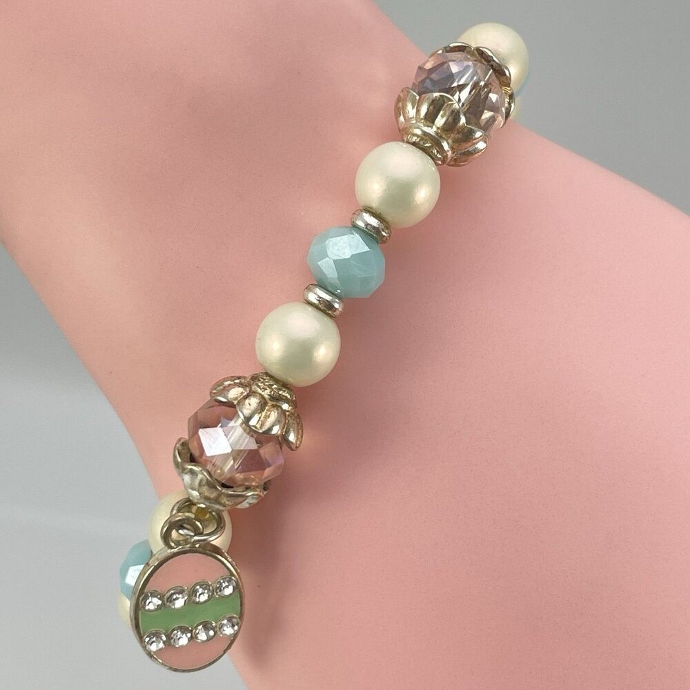 Easter Glass Faux Pearl Beaded Egg Charm Bracelet Stretch Cute Holiday Spring